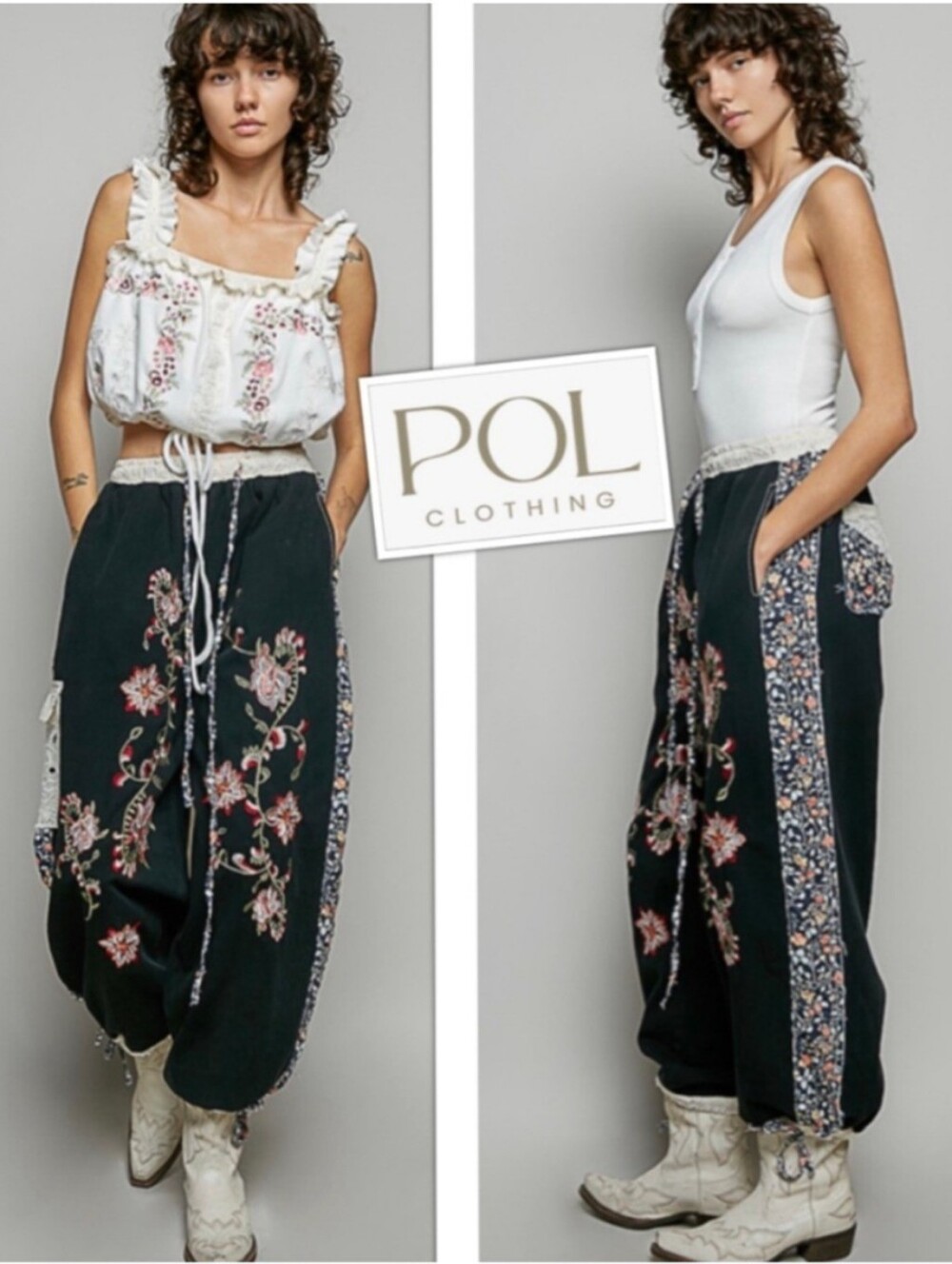 POL Black Wide-Leg Floral Embroidered Boho Pants Sz M, Joggers, New